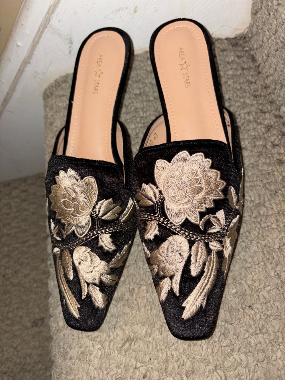 Black Velvet Slip-On Mules with Gold Floral Embroidery